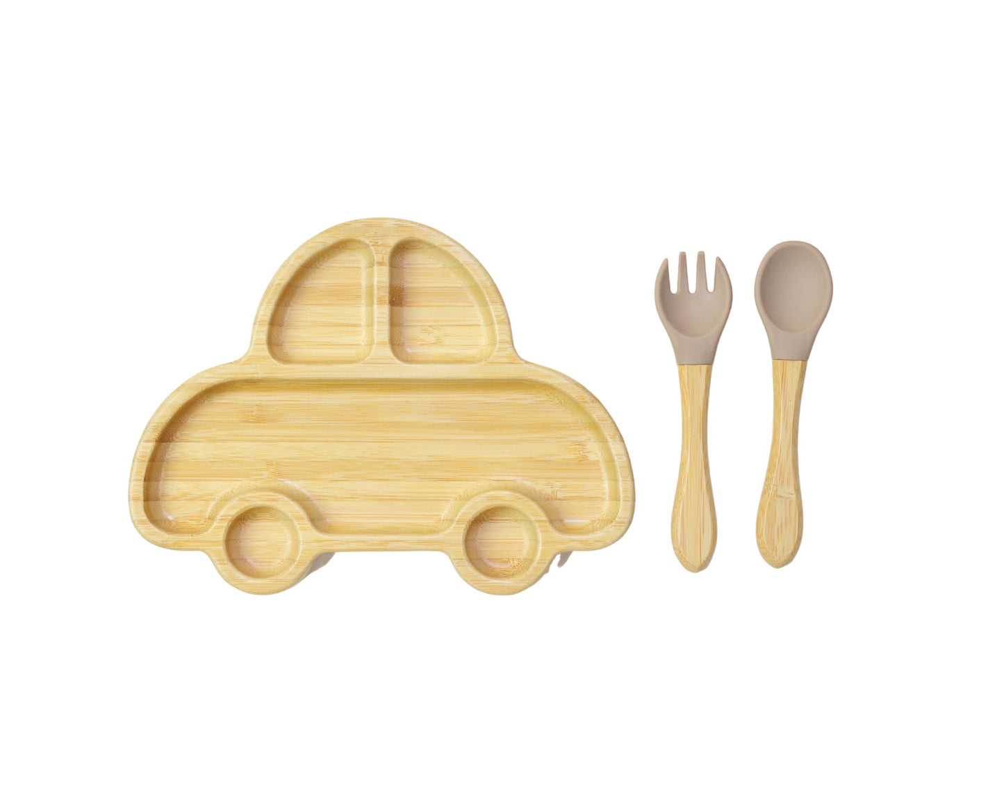 Bamboo Suction Shapes Plates with Spoon and Fork